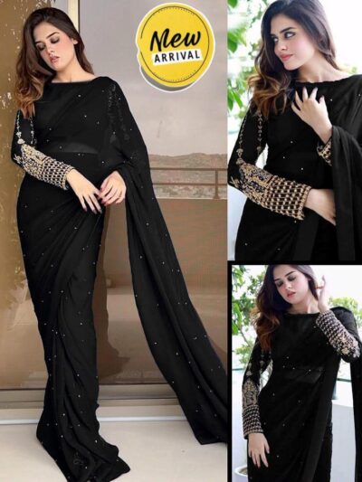 Elegant Women’s Black Silk & Chiffon Sequins Embroidered Ready-to-Wear Saree with Blouse (2 Pcs Set)