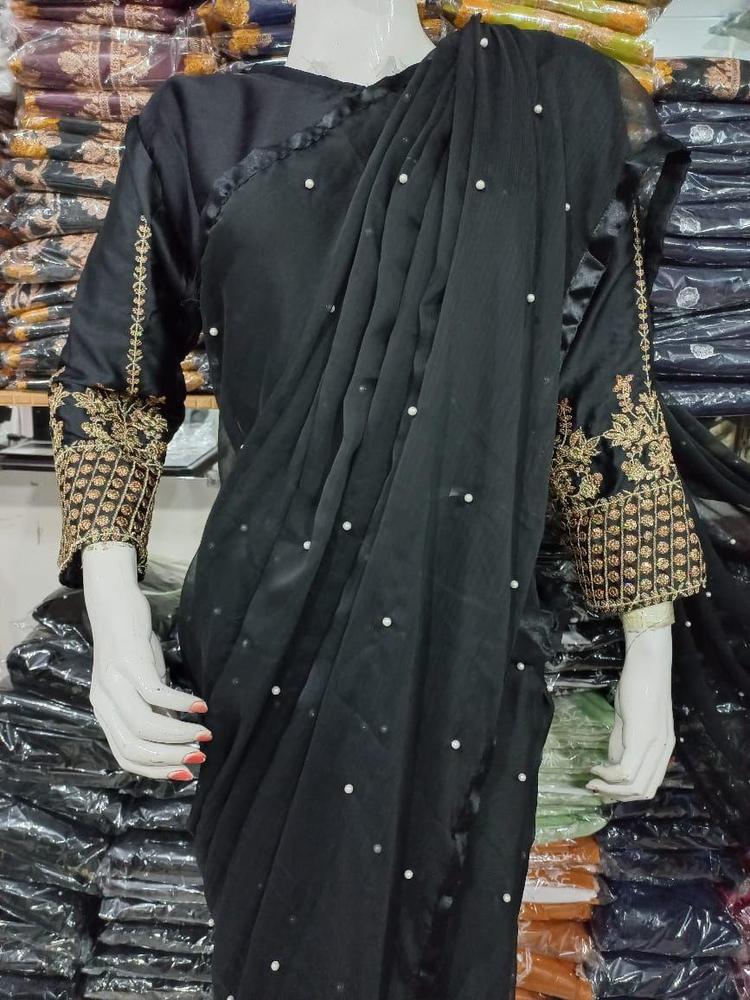 Elegant Women’s Black Silk & Chiffon Sequins Embroidered Ready-to-Wear Saree with Blouse (2 Pcs Set)