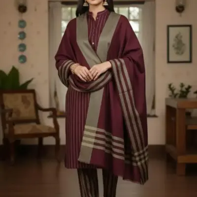 Women’s Khaddar 3 Pcs Unstitched Embroidered Suit – Maroon (Shirt, Trouser & Dupatta)