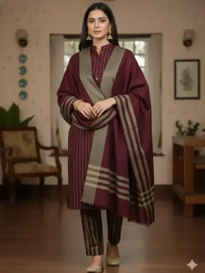 Women’s Khaddar 3 Pcs Unstitched Embroidered Suit – Maroon (Shirt, Trouser & Dupatta)