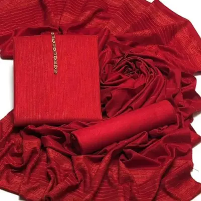 Women’s 3 Pcs Unstitched Embroidered Dhanak Suit with Embroidered Dupatta – Red (2.5 Gazz Fabric Set)