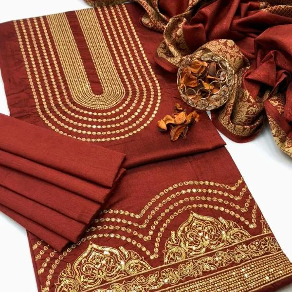 Premium Heavy Embroidered 3 Pcs Women’s Unstitched Sussi Suit – Orange | Embroidered Shirt, Plain Trouser & Embroidered Dupatta (2.5 Gazz Each)