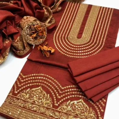 Premium Heavy Embroidered 3 Pcs Women’s Unstitched Sussi Suit – Orange | Embroidered Shirt, Plain Trouser & Embroidered Dupatta (2.5 Gazz Each)