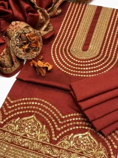 Premium Heavy Embroidered 3 Pcs Women’s Unstitched Sussi Suit – Orange | Embroidered Shirt, Plain Trouser & Embroidered Dupatta (2.5 Gazz Each)