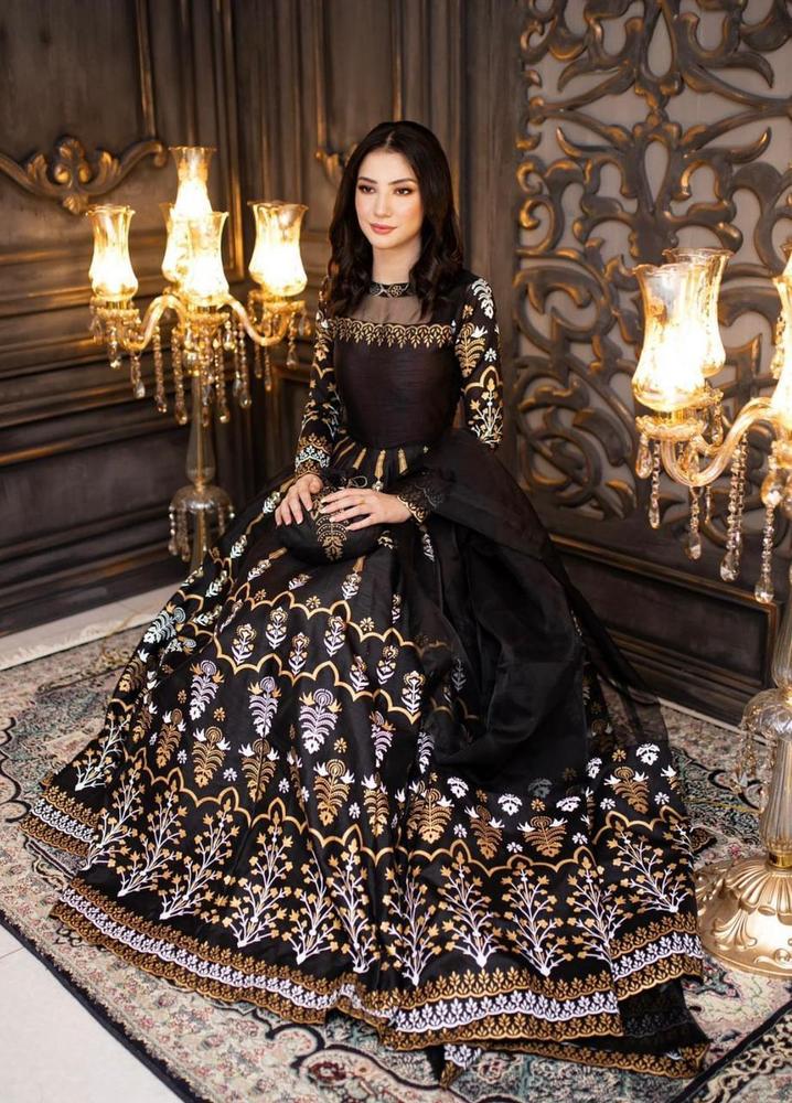 Elegant Women’s Fancy Katan Silk Printed Stitched Maxi Suit with Dupatta & Trouser – 3 Pcs Festive Wear Set