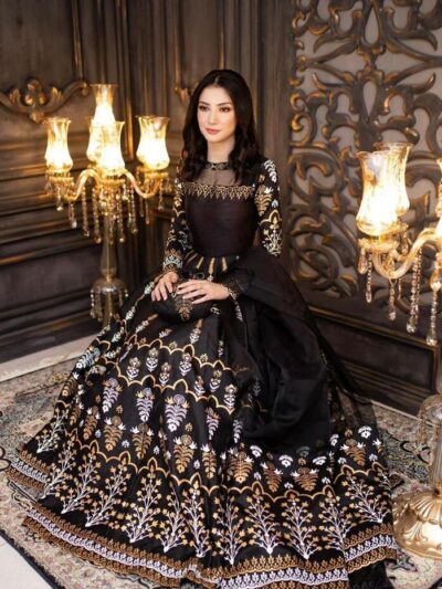 Elegant Women’s Fancy Katan Silk Printed Stitched Maxi Suit with Dupatta & Trouser – 3 Pcs Festive Wear Set