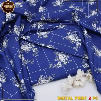 2 Pcs Women’s Unstitched Blue Printed Marina Wool Suit with Trouser (Winter Wear)