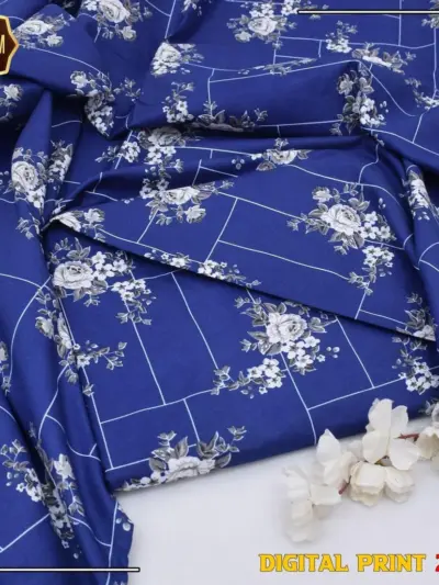 2 Pcs Women’s Unstitched Blue Printed Marina Wool Suit with Trouser (Winter Wear)
