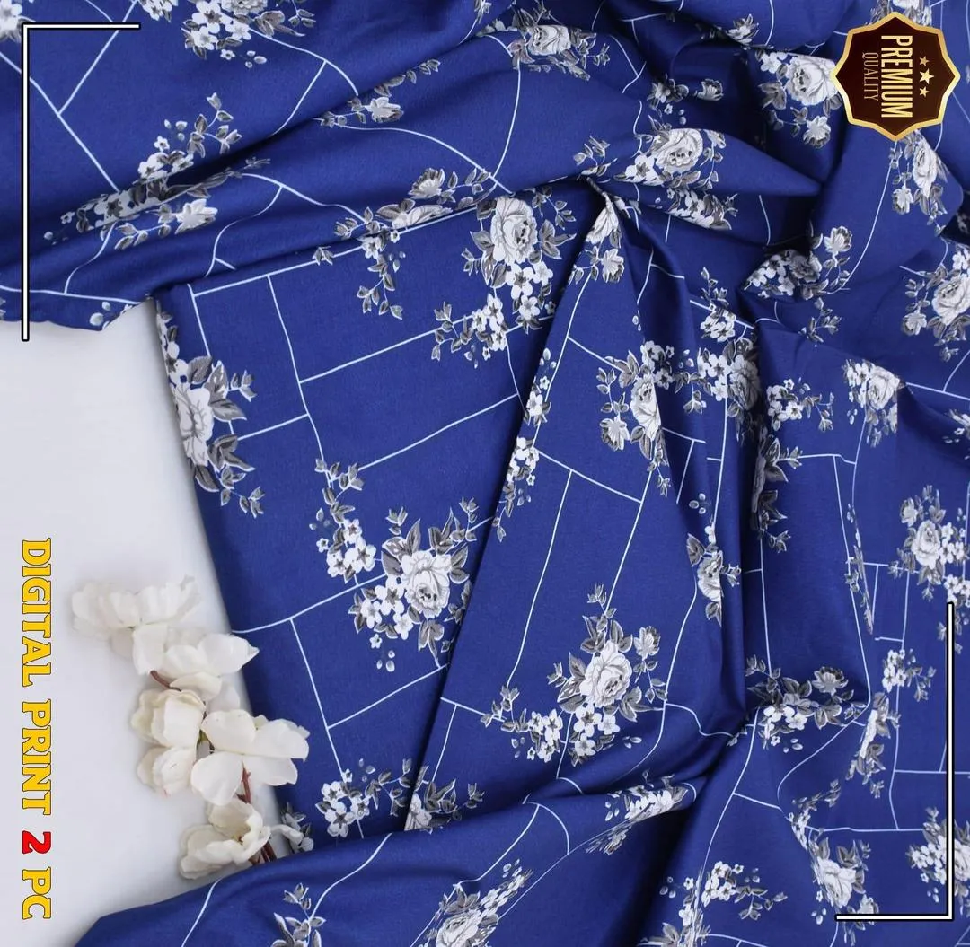 2 Pcs Women’s Unstitched Blue Printed Marina Wool Suit with Trouser (Winter Wear)