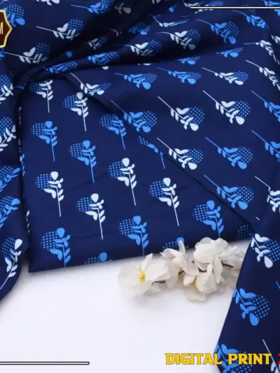 2 Pcs Women’s Unstitched Blue Printed Marina Wool Suit with Trouser (Winter Wear)