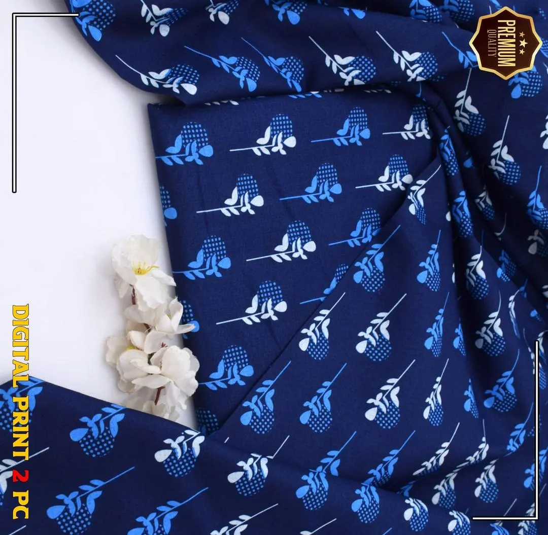 2 Pcs Women’s Unstitched Blue Printed Marina Wool Suit with Trouser (Winter Wear)