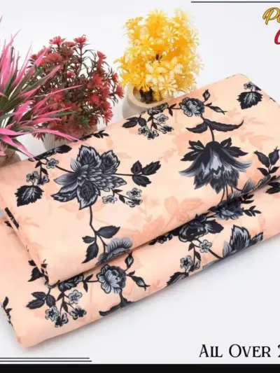 2 Pcs Women’s Unstitched Printed Cotton Suit – Peach | Shirt & Trouser (2.5 Gazz Each)