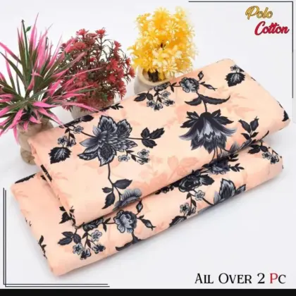 2 Pcs Women’s Unstitched Printed Cotton Suit – Peach | Shirt & Trouser (2.5 Gazz Each)