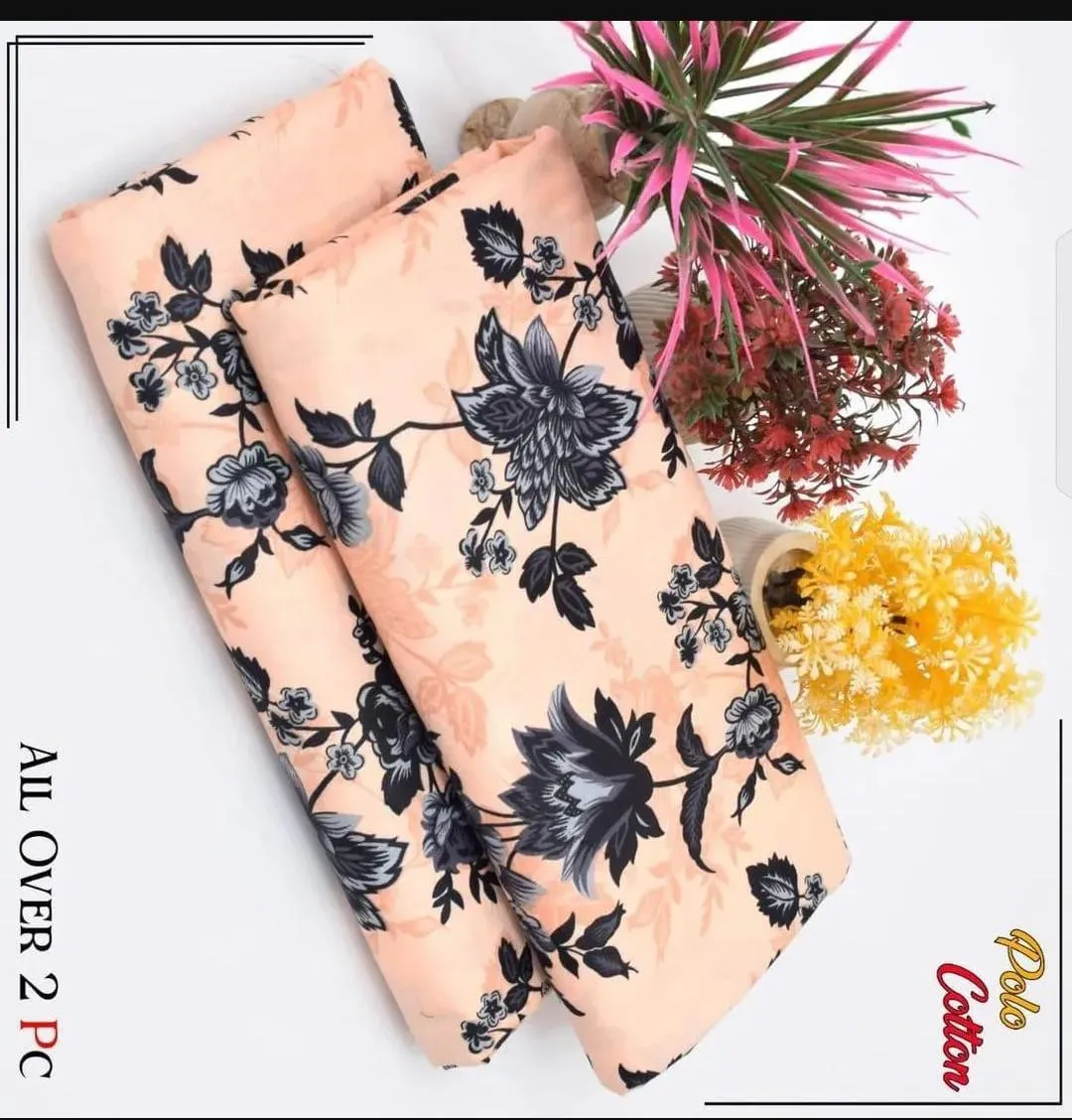 2 Pcs Women’s Unstitched Printed Cotton Suit – Peach | Shirt & Trouser (2.5 Gazz Each)