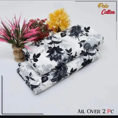 2 Pcs Women’s Unstitched Printed Cotton Suit – White | Shirt & Trouser (2.5 Gazz Each)