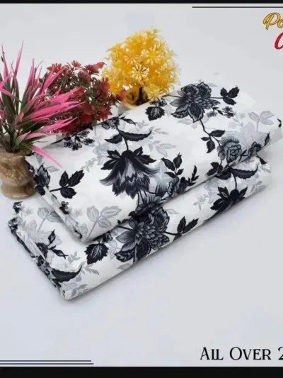 2 Pcs Women’s Unstitched Printed Cotton Suit – White | Shirt & Trouser (2.5 Gazz Each)