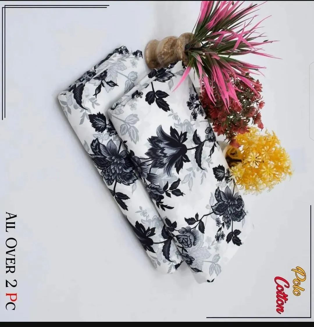 2 Pcs Women’s Unstitched Printed Cotton Suit – White | Shirt & Trouser (2.5 Gazz Each)