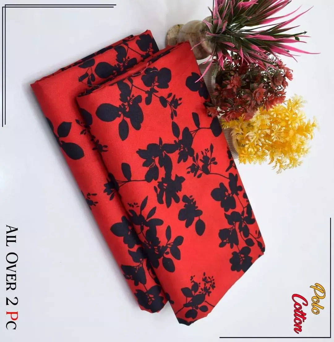 Women’s Unstitched Cotton Printed Suit – Red | 2-Piece Shirt & Trouser (2.5 Gazz Each)