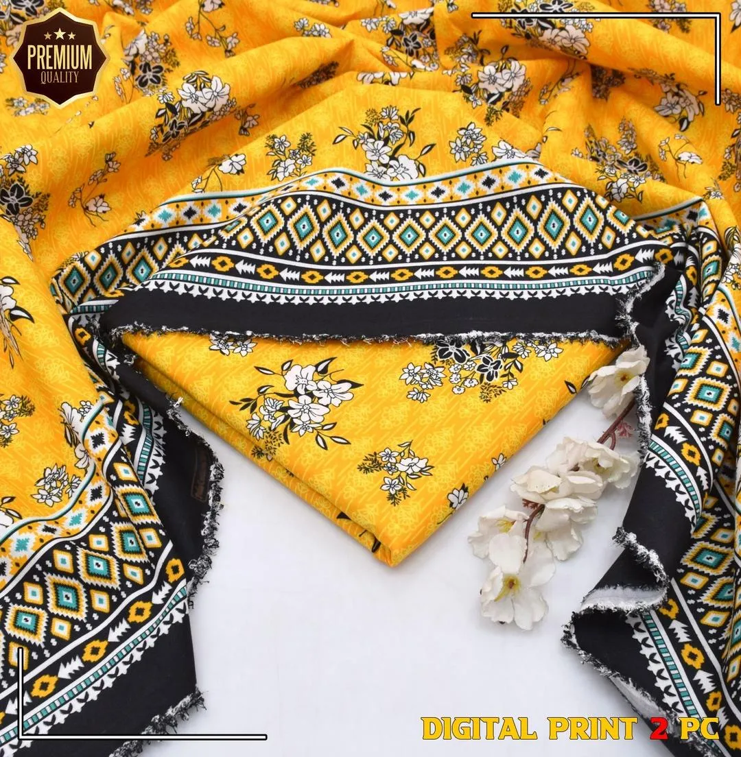 Women’s 2 Pcs Unstitched Printed Cotton Suit – Yellow (2.5 Gazz Shirt & Trouser)