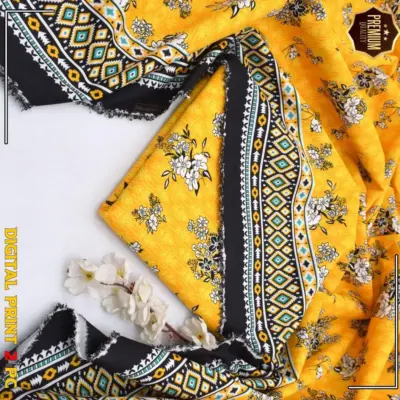 Women’s 2 Pcs Unstitched Printed Cotton Suit – Yellow (2.5 Gazz Shirt & Trouser)