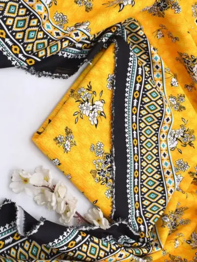 Women’s 2 Pcs Unstitched Printed Cotton Suit – Yellow (2.5 Gazz Shirt & Trouser)