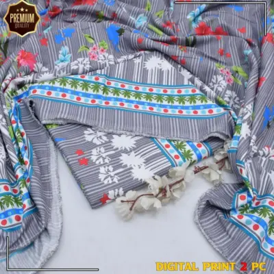Women’s Grey 2-Piece Unstitched Printed Cotton Suit – Shirt & Trouser Set (2.5 Gazz Each)