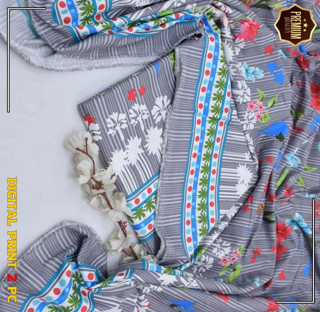 Women’s Grey 2-Piece Unstitched Printed Cotton Suit – Shirt & Trouser Set (2.5 Gazz Each)