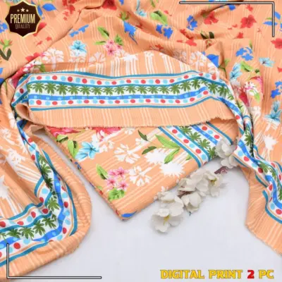 Women’s Peach 2-Piece Unstitched Printed Cotton Suit – Shirt & Trouser Set (2.5 Gazz Each)
