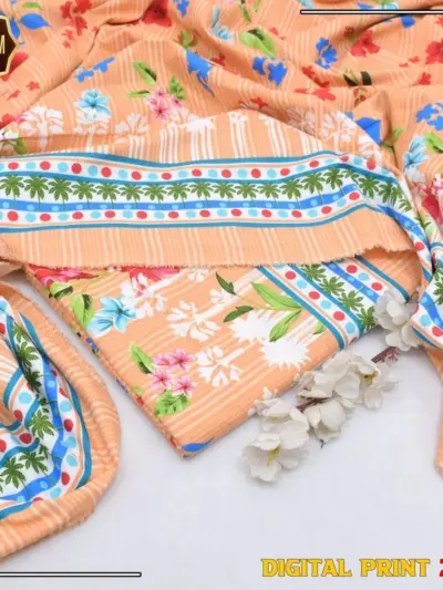Women’s Peach 2-Piece Unstitched Printed Cotton Suit – Shirt & Trouser Set (2.5 Gazz Each)
