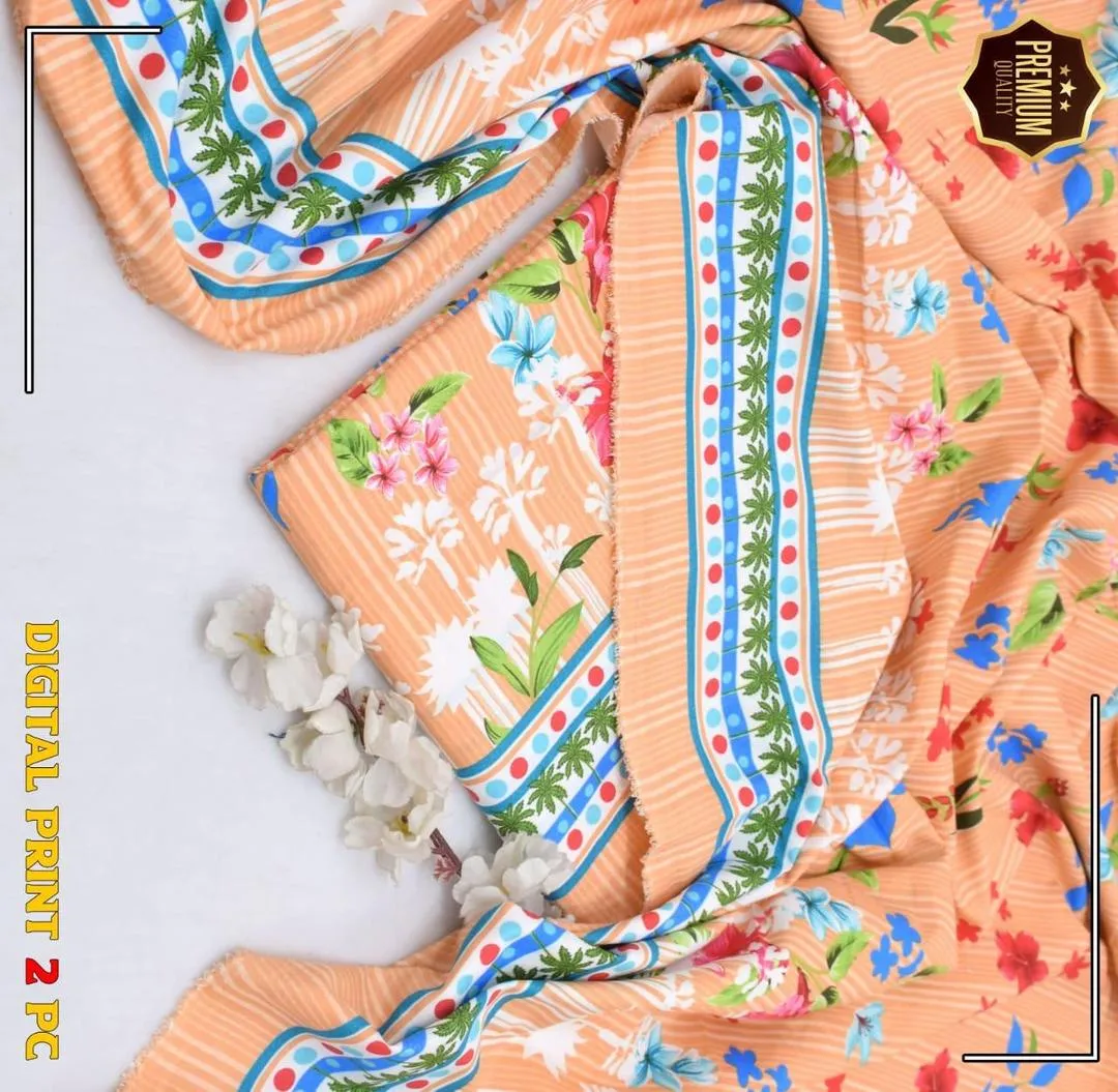 Women’s Peach 2-Piece Unstitched Printed Cotton Suit – Shirt & Trouser Set (2.5 Gazz Each)