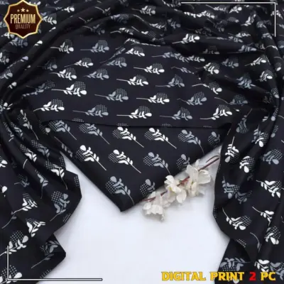 Women’s 2-Piece Unstitched Printed Cotton Suit – Black | Shirt & Trouser (2.5 Gazz Each)