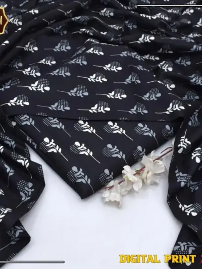 Women’s 2-Piece Unstitched Printed Cotton Suit – Black | Shirt & Trouser (2.5 Gazz Each)