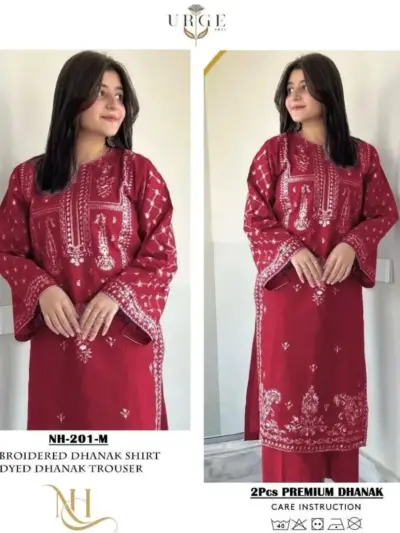 Women’s 2 Pcs Unstitched Embroidered Dhanak Suit – Embroidered Shirt & Plain Trouser, Maroon (2.5 Gazz Each)