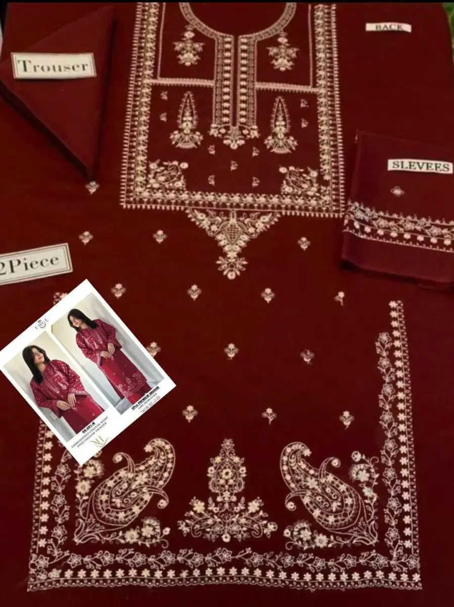Women’s 2 Pcs Unstitched Embroidered Dhanak Suit – Embroidered Shirt & Plain Trouser, Maroon (2.5 Gazz Each)