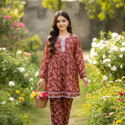 SbyS Winter Khaddar Printed 2 Pcs Women’s Stitched Frock & Trouser Suit – Maroon | Warm & Comfortable