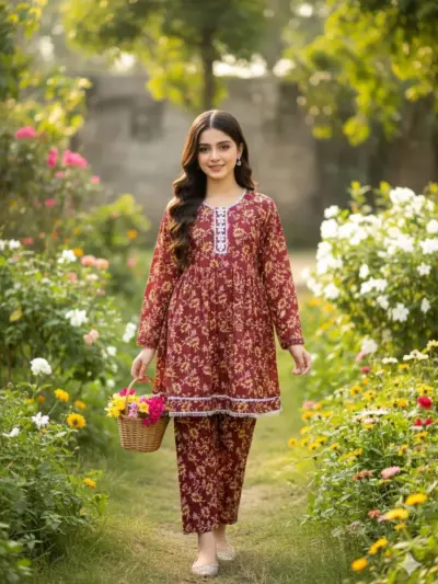 SbyS Winter Khaddar Printed 2 Pcs Women’s Stitched Frock & Trouser Suit – Maroon | Warm & Comfortable