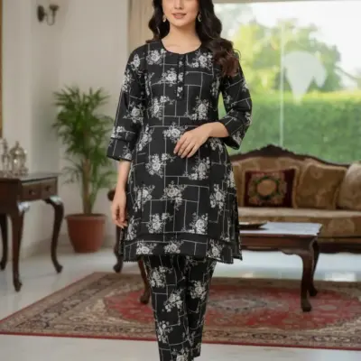 SbyS Winter Khaddar Printed 2 Pcs Women’s Stitched Shirt & Trouser Suit – Black | Warm Fabric, Everyday Wear