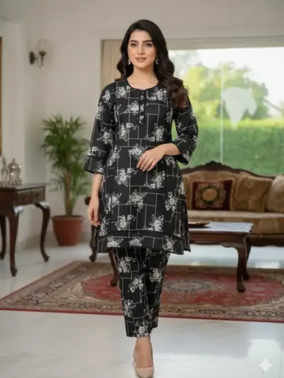 SbyS Winter Khaddar Printed 2 Pcs Women’s Stitched Shirt & Trouser Suit – Black | Warm Fabric, Everyday Wear