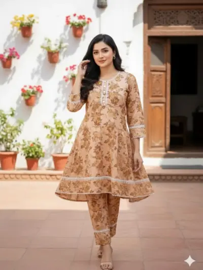 SbyS Winter Khaddar Printed 2 Pcs Women’s Stitched Frock Suit – Brown | Warm Fabric, Ready to Wear