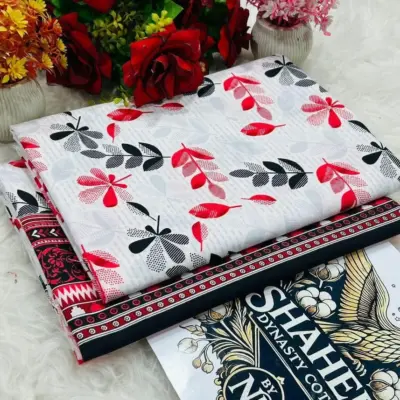 2 Pcs Women’s Unstitched Printed Polo Cotton Suit – White, Comfortable & Stylish