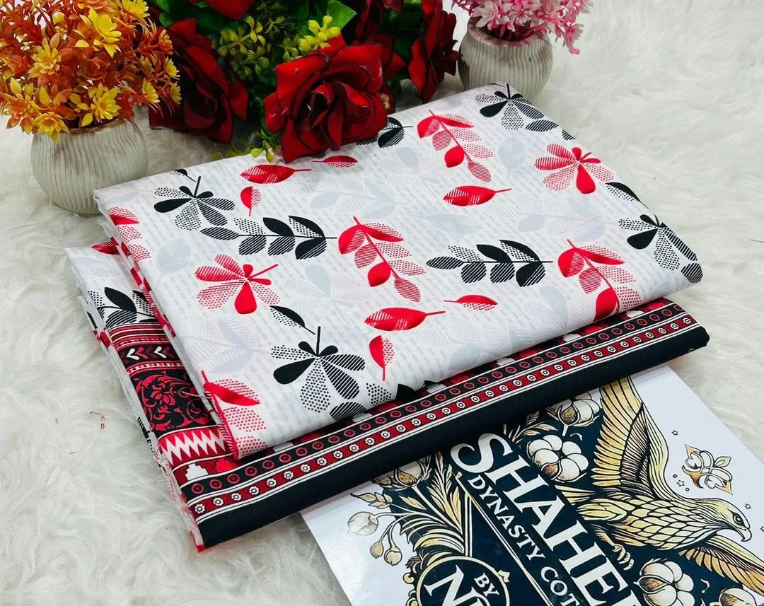 2 Pcs Women’s Unstitched Printed Polo Cotton Suit – White, Comfortable & Stylish