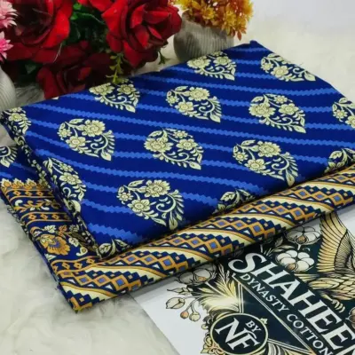 2 Pcs Women’s Unstitched Printed Polo Cotton Suit – Blue, Comfortable & Stylish