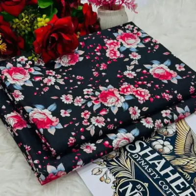 2 Pcs Women’s Unstitched Printed Polo Cotton Suit – Black, Comfortable & Stylish