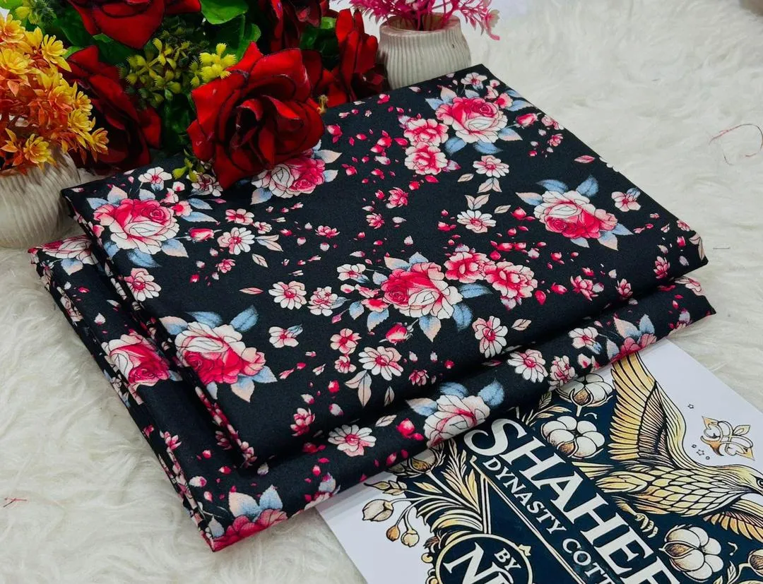 2 Pcs Women’s Unstitched Printed Polo Cotton Suit – Black, Comfortable & Stylish