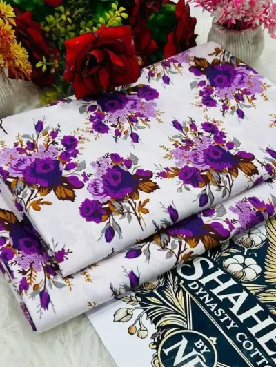 Women’s 2-Piece Unstitched Printed Polo Cotton Suit – White | Shirt & Trouser | 1 Meter Each