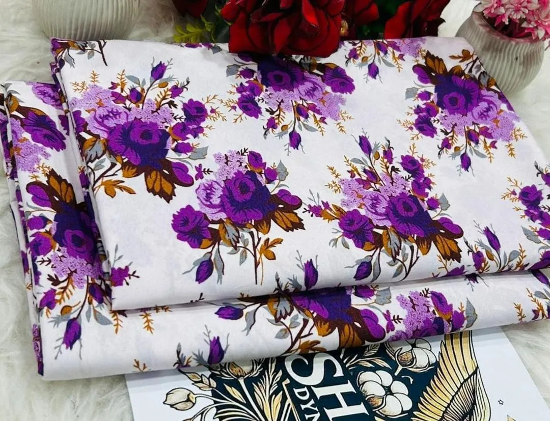 Women’s 2-Piece Unstitched Printed Polo Cotton Suit – White | Shirt & Trouser | 1 Meter Each