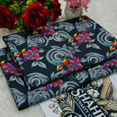 Women’s 2 Pcs Unstitched Printed Polo Cotton Suit – Black | Printed Shirt & Trouser (1 Meter Each)