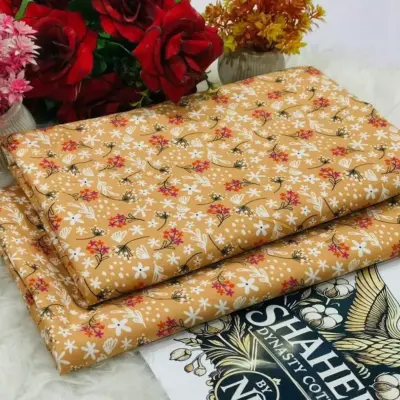 2 Pcs Women’s Unstitched Printed Suit – Peach Polo Cotton Shirt & Trouser, 1m Cutting