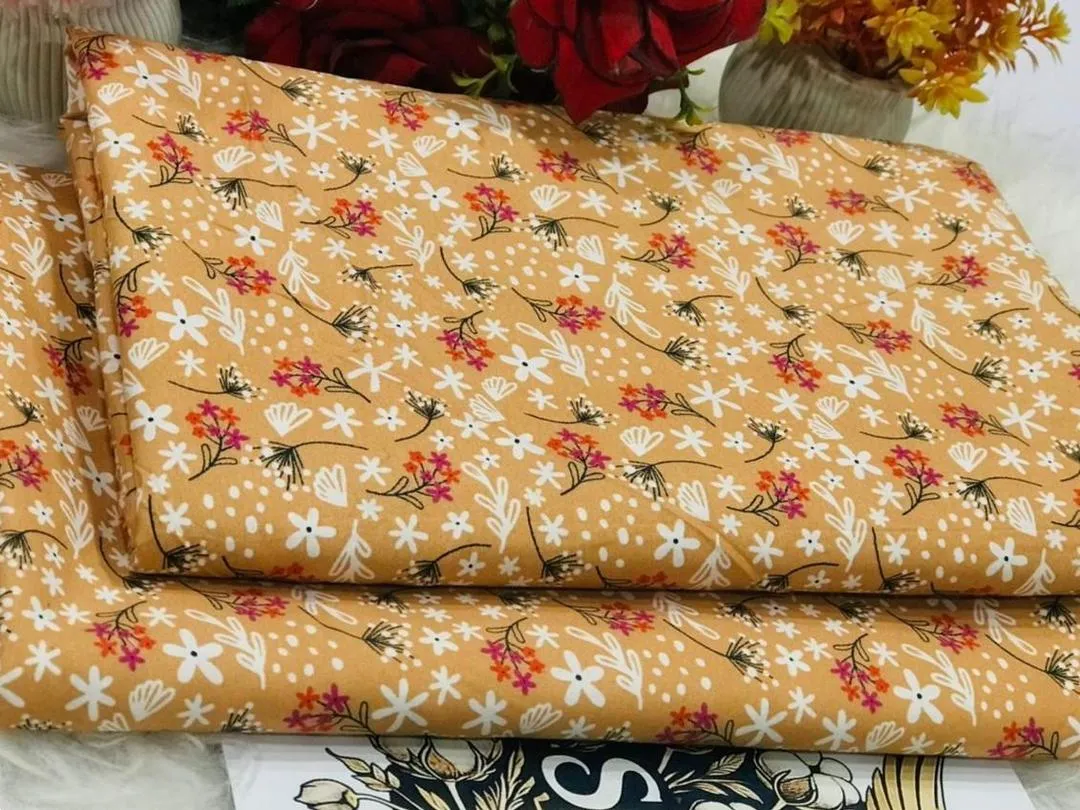 2 Pcs Women’s Unstitched Printed Suit – Peach Polo Cotton Shirt & Trouser, 1m Cutting