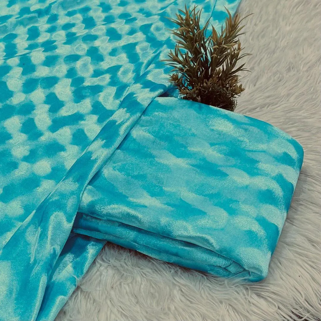 Elegant Blue 2 Pcs Women’s Unstitched Velvet Suit – Plain Shirt & Trouser Set, 3 Yards Each